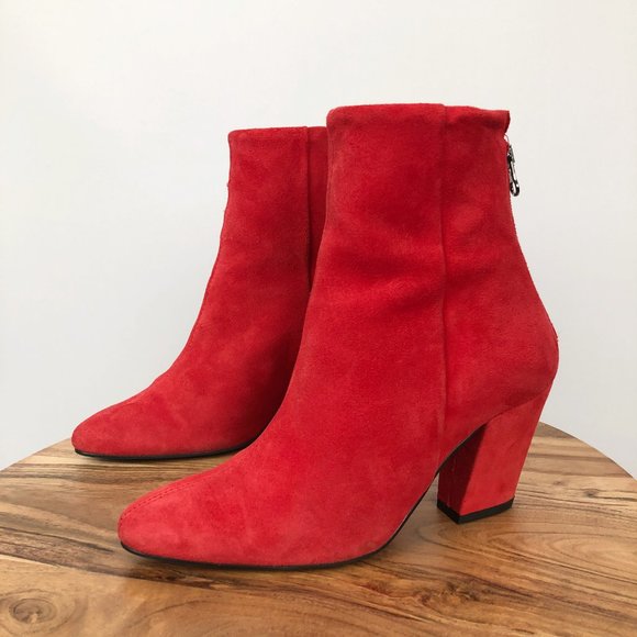 L'Intervalle Red Suede Leather Chunky Block Heel Modern Statement Boots Booties - Picture 6 of 15